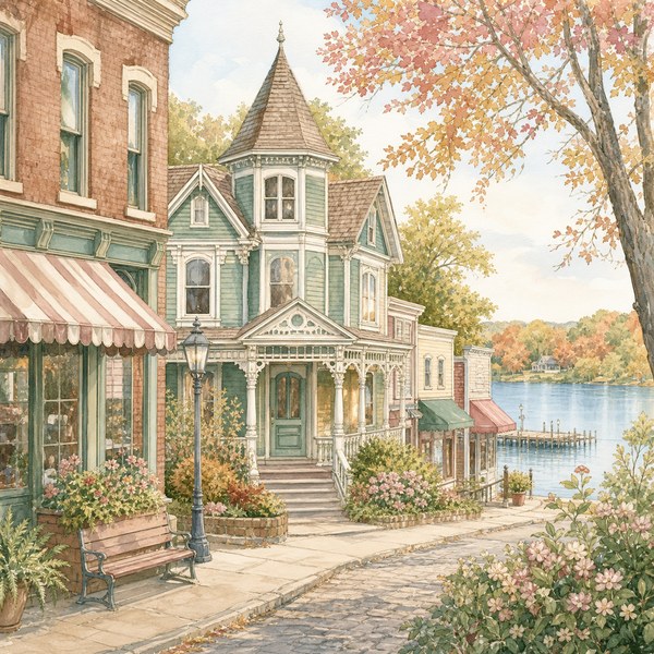 Watercolor view of the lakeside town of Kettle Creek